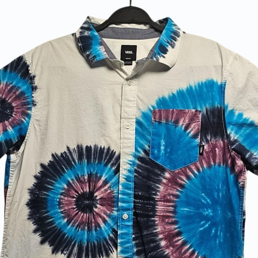 VANS Mens Tie Dye Hippie Surfer Skate Hawaiian Beach Shirt Medium Button Front - Picture 4 of 10